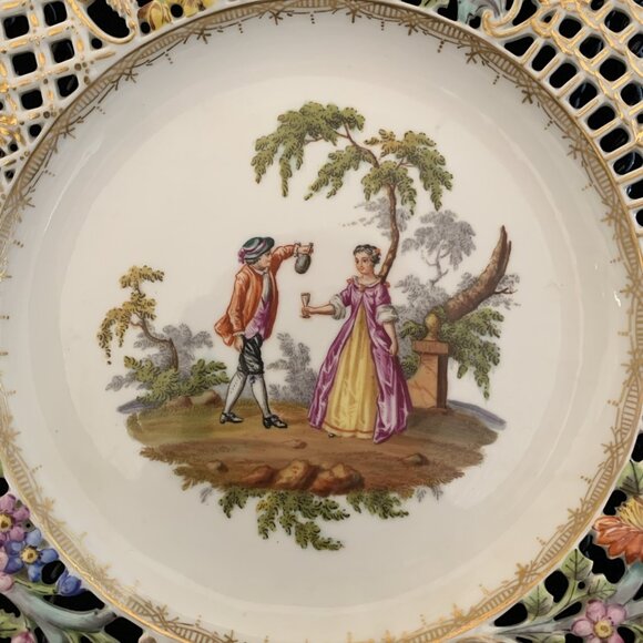 Helena Wolfsohn Reticulated Plate 8.5" Watteau Couple Scene Dresden Germany 4 - Picture 2 of 7